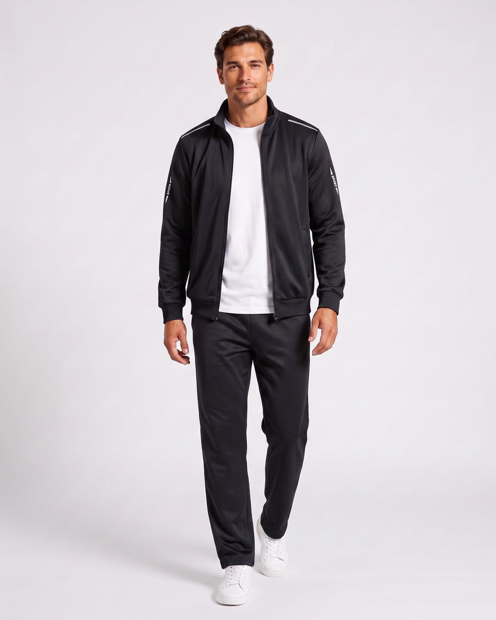 Ensemble veste zippée et pantalon noir — vue de face