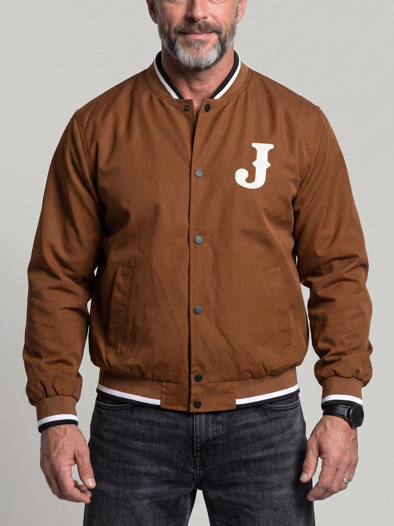 Blouson à motif lettre et bordures rayées caramel — vue de face
