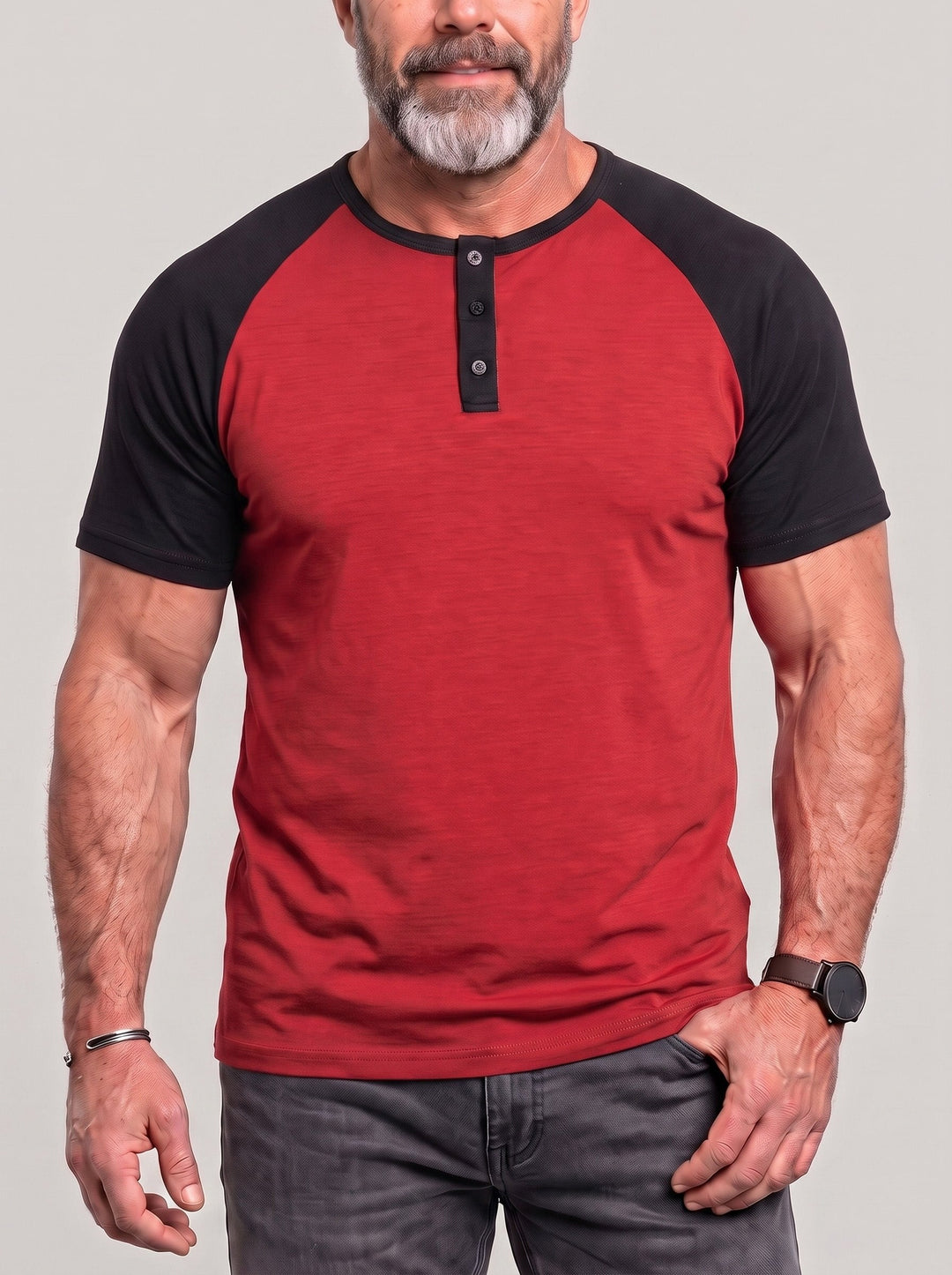 T-shirt col boutonné rouge, vue portée de face