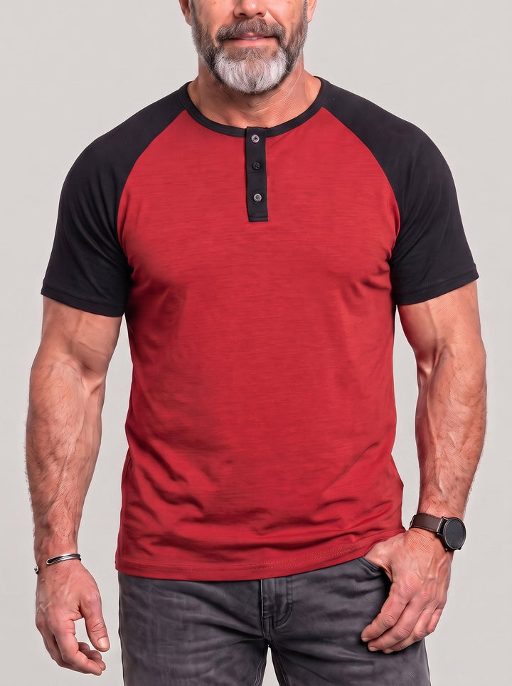 T-shirt col boutonné rouge, vue portée de face