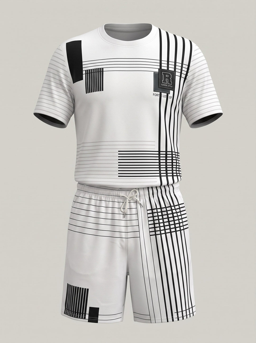 Vue de trois-quarts d’un ensemble t-shirt et short blanc et noir à motifs graphiques.