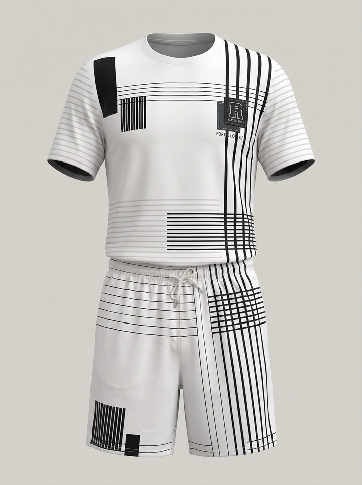 Vue de trois-quarts d’un ensemble t-shirt et short blanc et noir à motifs graphiques.