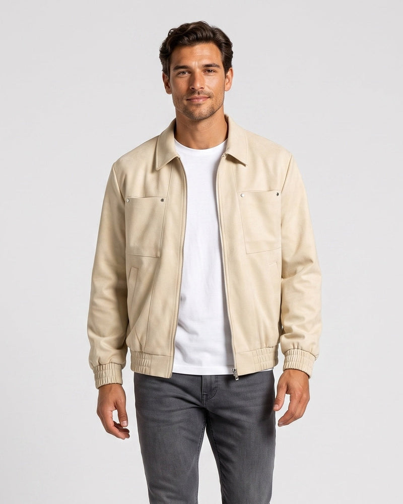 Veste zippée beige à poches plaquées, vue portée de face