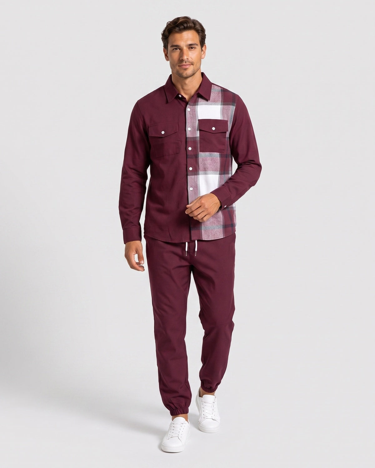 Ensemble chemise carreaux pantalon bordeaux — vue portée en pied, de face
