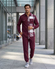 Ensemble chemise carreaux pantalon bordeaux — vue portée en marche, autre angle