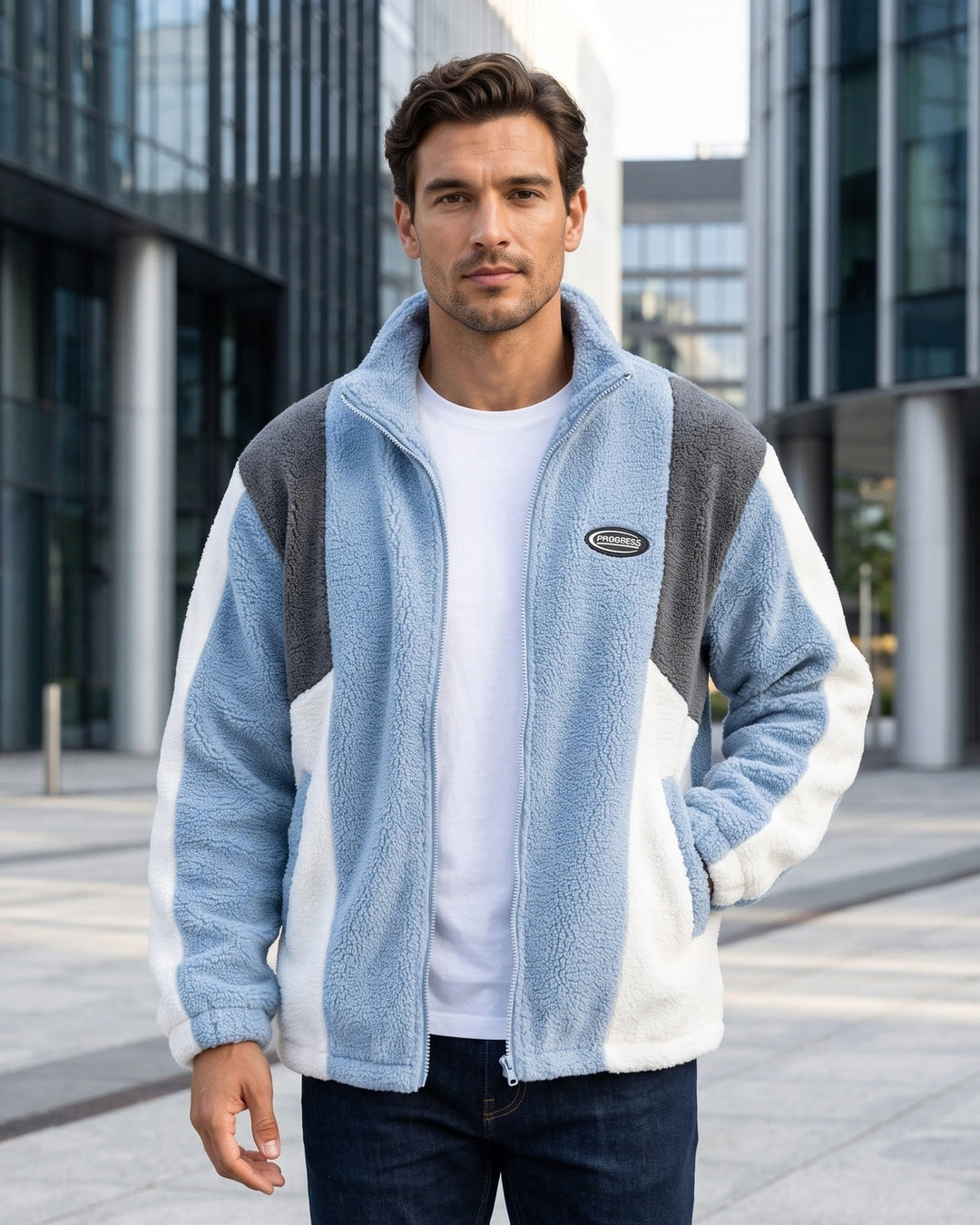 Veste zippée à empiècements contrastés — vue portée en ville