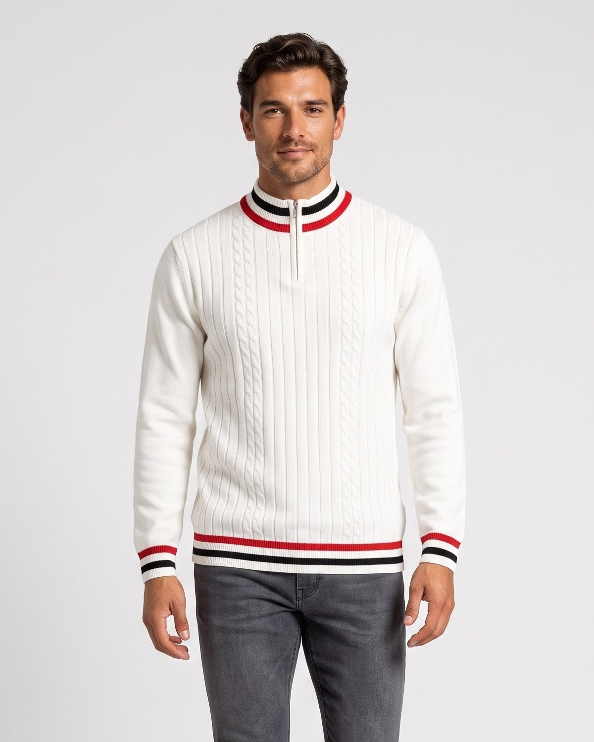 Pull demi-zip bordures rayées écru — vue portée de face