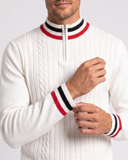 Pull demi-zip bordures rayées écru — détail poignet côtelé rayé
