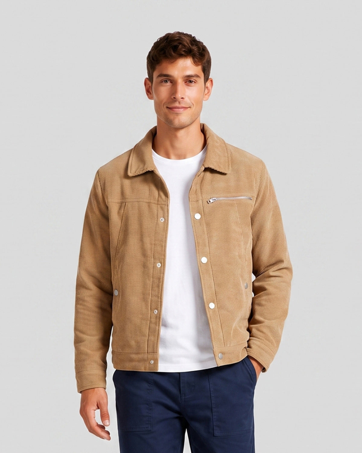 Veste en velours côtelé camel, vue portée de face