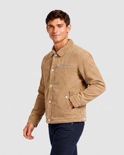 Veste en velours côtelé camel, vue portée de trois-quarts
