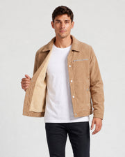 Veste en velours côtelé camel, vue portée ouverte avec doublure