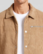 Veste en velours côtelé camel, gros plan du col et de la poche zippée