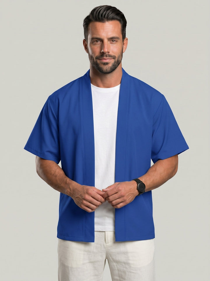 Haut uni ouvert bleu, vue portée de face