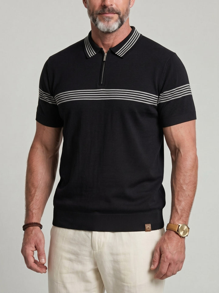Polo à motif rayé noir, vue portée de face