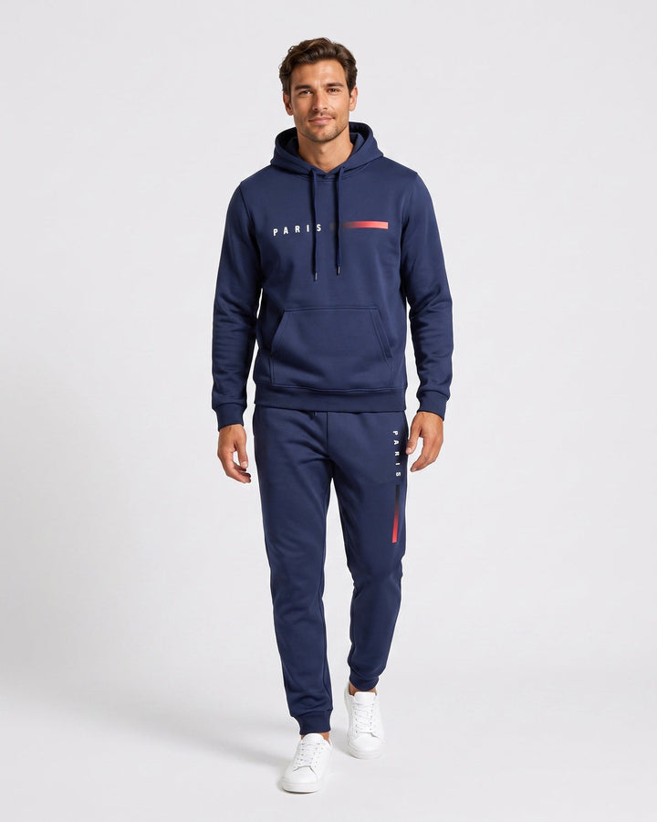 Ensemble sweat imprimé et jogging bleu marine — vue de face