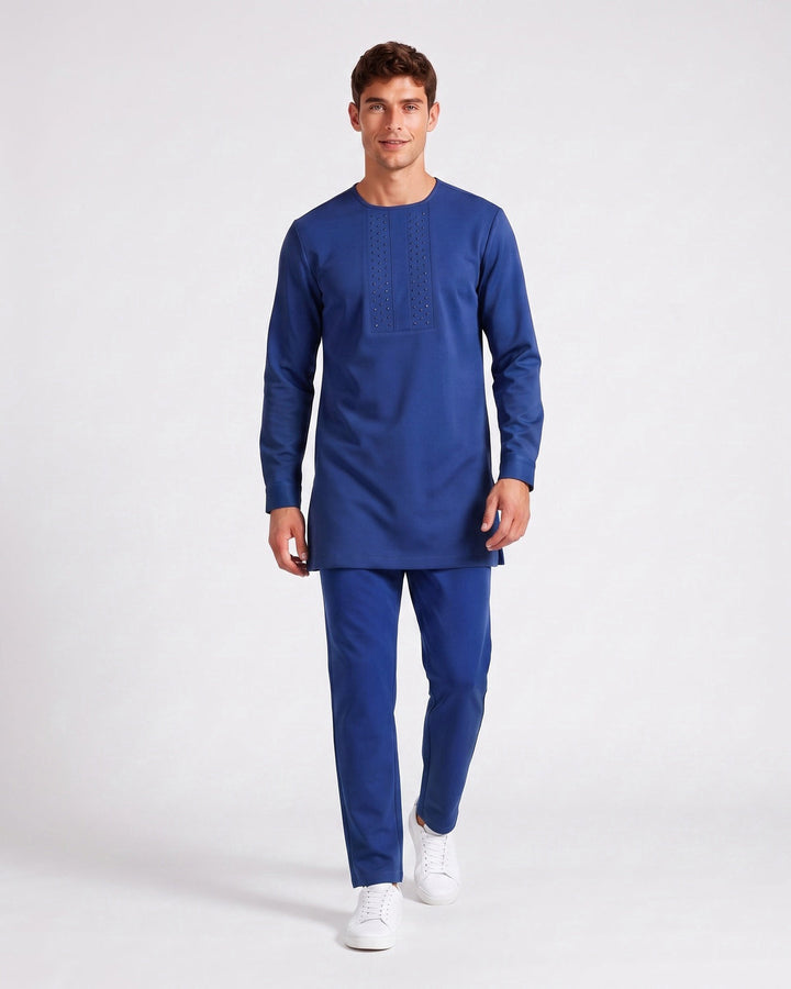 Ensemble haut long et pantalon bleu — vue de face