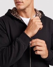 Veste zippée à capuche noire doublée léopard, détail du zip