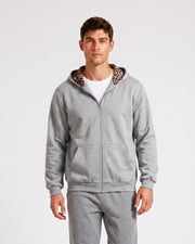 Veste zippée à capuche grise doublée léopard, vue portée de face