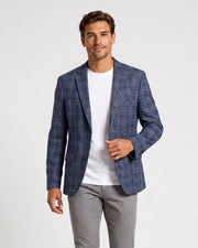 Veste de costume bleue à carreaux, vue portée de face