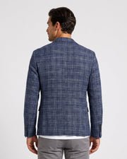 Veste de costume bleue à carreaux, vue portée de dos