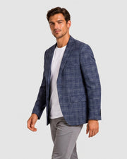 Veste de costume bleue à carreaux, vue portée de trois-quarts