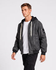 Veste à capuche zippée gris anthracite, vue portée de trois-quarts