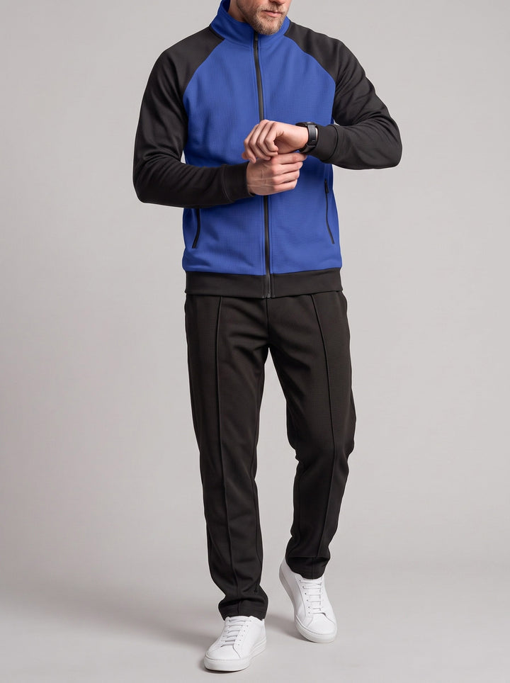 Ensemble veste à col montant et pantalon bleu — vue de face