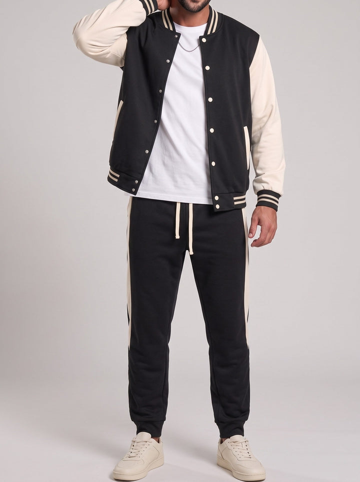 Ensemble blouson bicolore et pantalon noir — vue de face