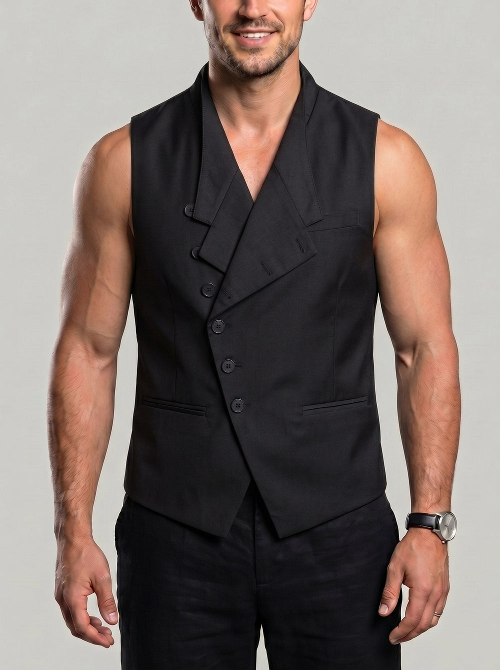 Gilet de costume boutonné noir — vue portée de face