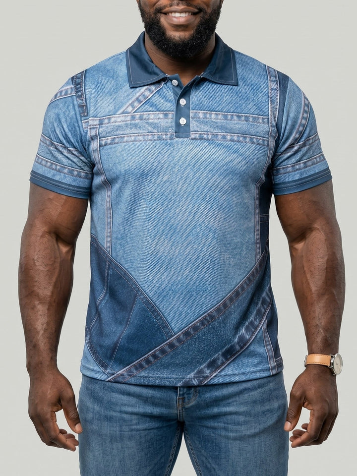 Polo imprimé effet denim, porté