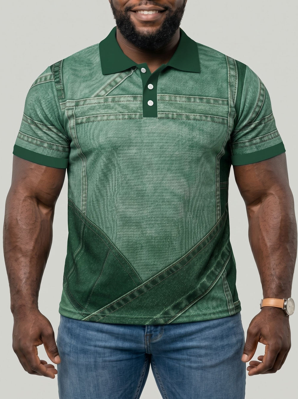 Polo imprimé effet denim, porté