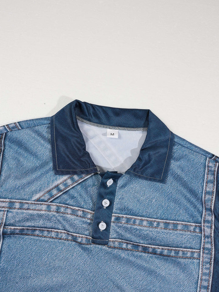 Polo imprimé effet denim, porté