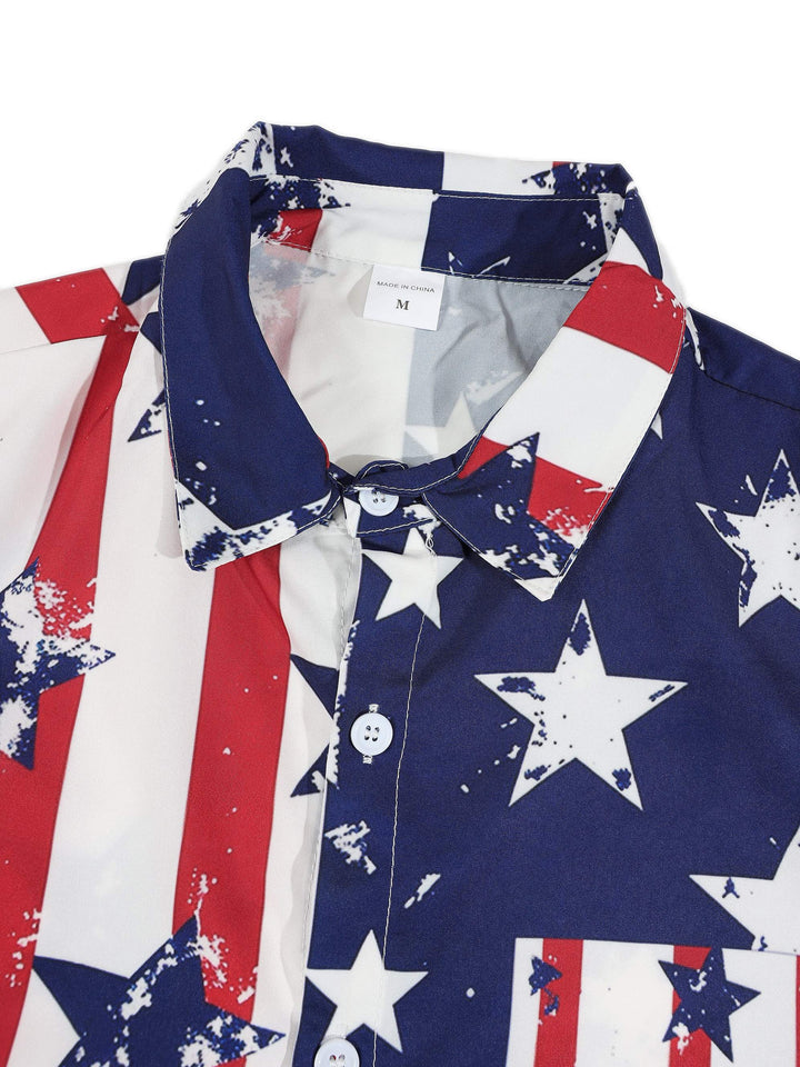 Chemise à étoiles et rayures bleu, blanc, rouge — gros plan du col