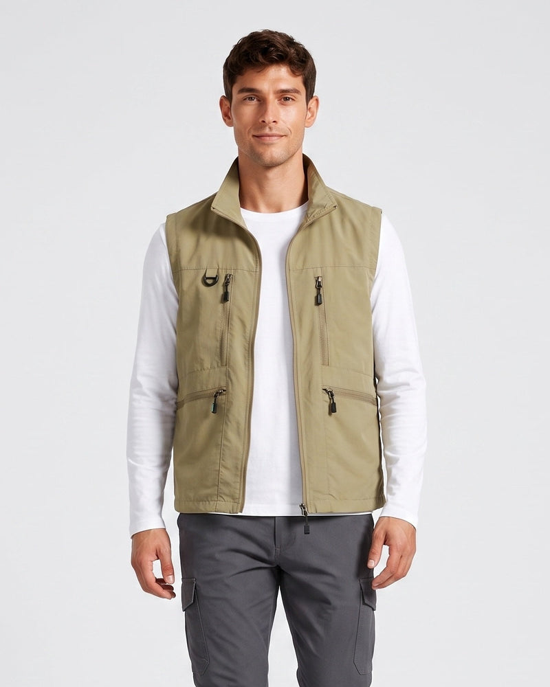 Gilet sans manches à poches multiples kaki — vue de face