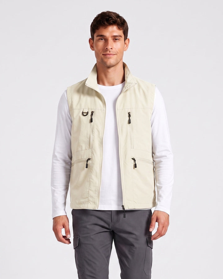 Gilet sans manches à poches multiples blanc cassé — vue de face