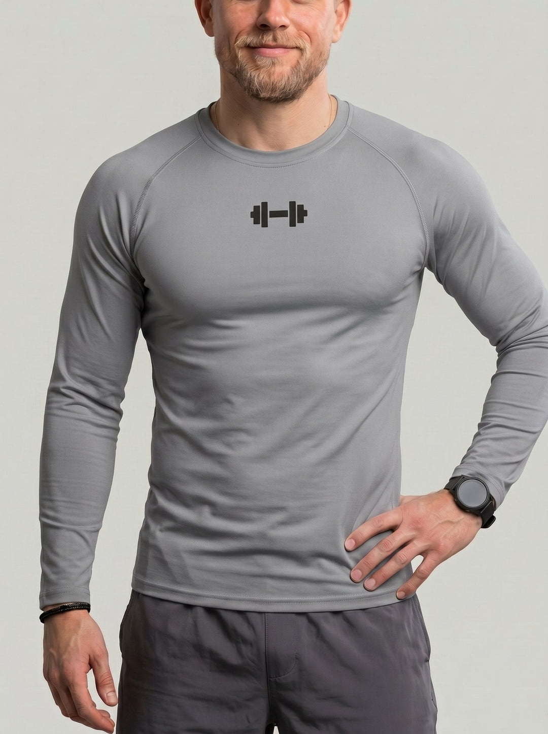 T-shirt manches longues imprimé haltère gris — vue de face