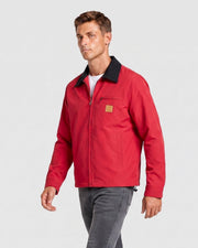 Veste courte zippée rouge à col noir, vue portée de trois-quarts