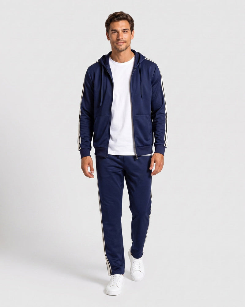 Ensemble sweat zippé à capuche et pantalon bleu marine — vue de face