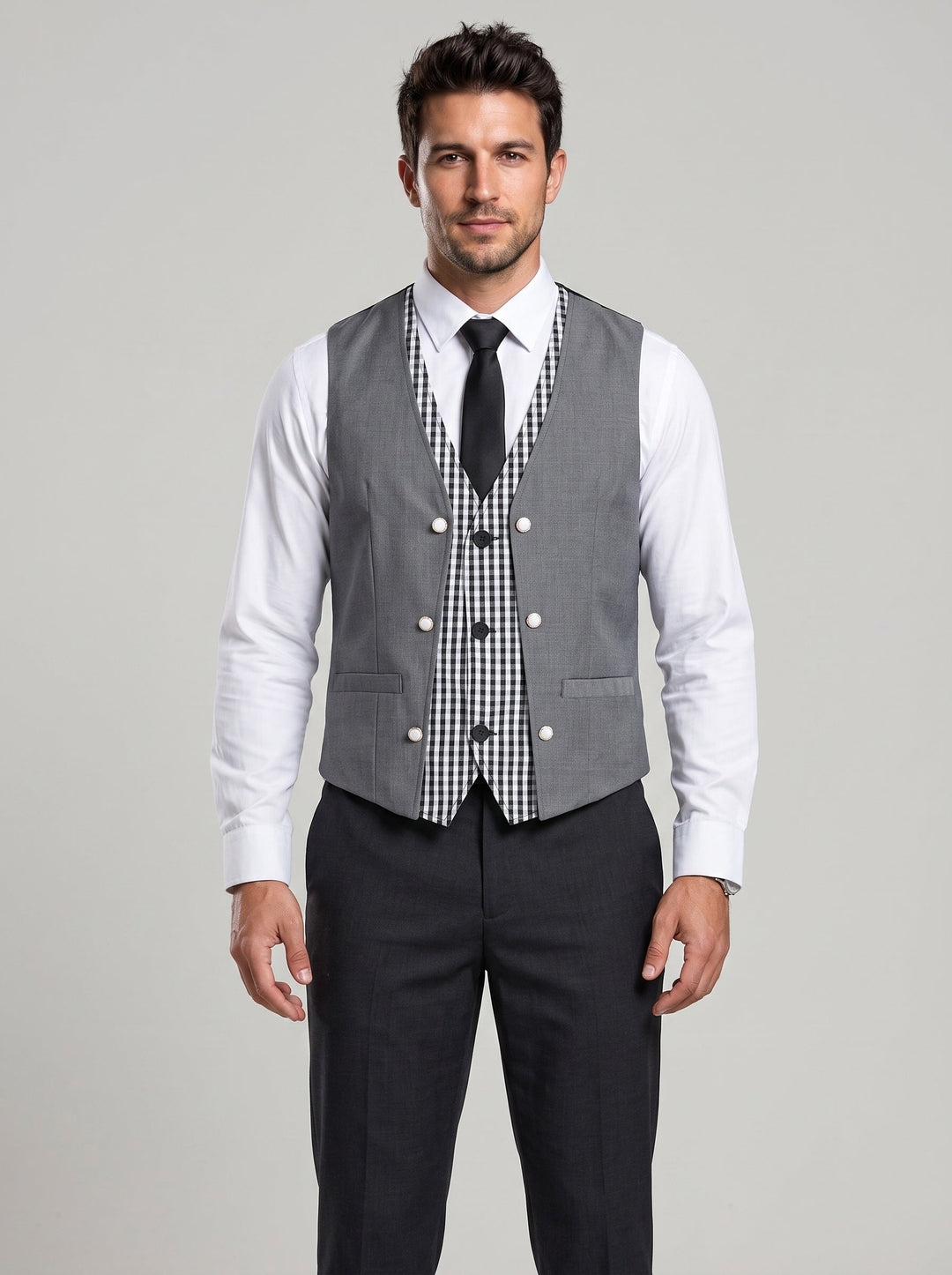 Gilet croisé à col V gris — vue portée de face