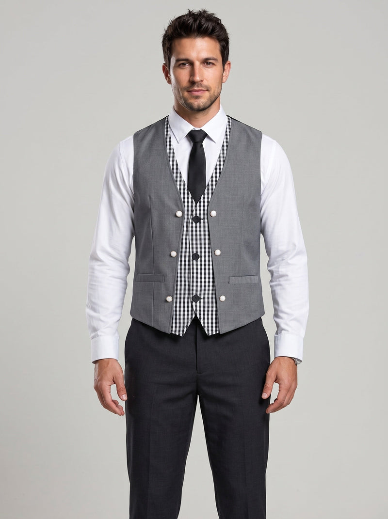Gilet croisé à col V gris — vue portée de face