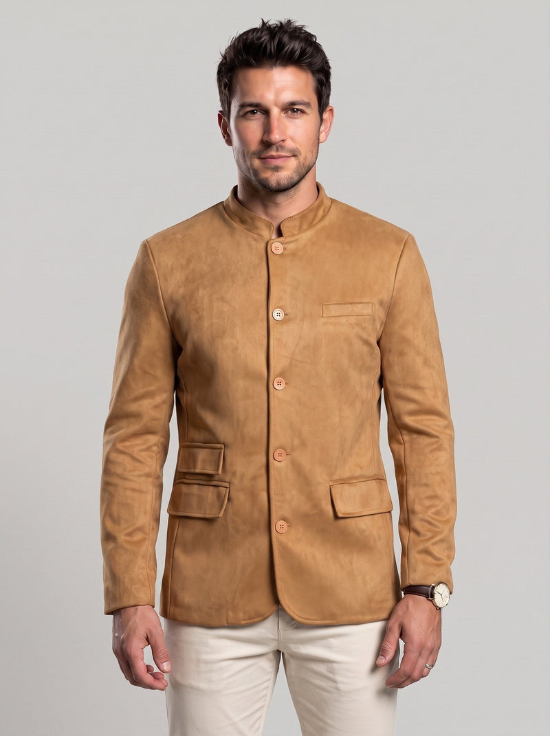 Veste à col montant et poches camel — vue de face