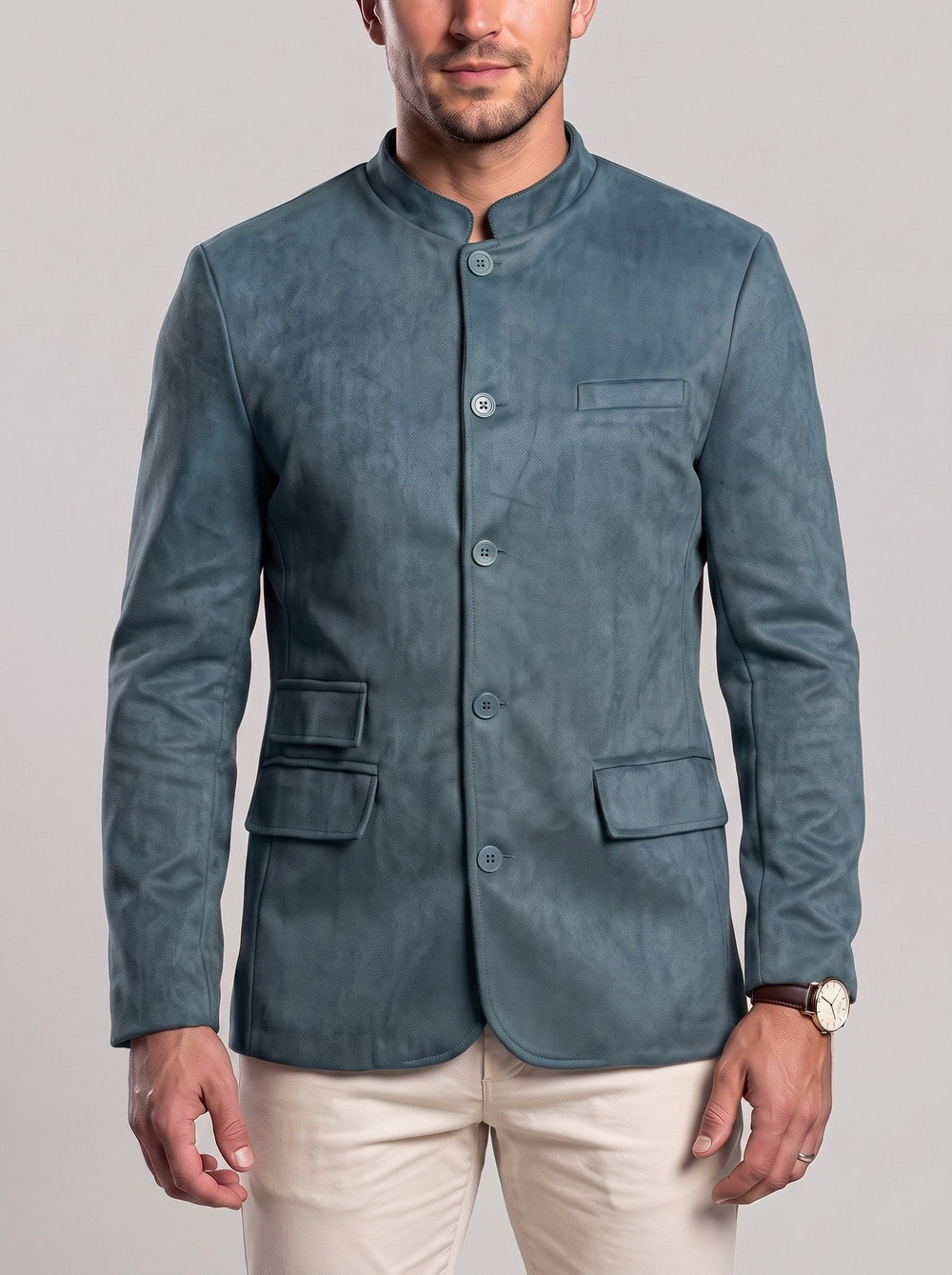 Veste à col montant et poches bleu gris — vue de face