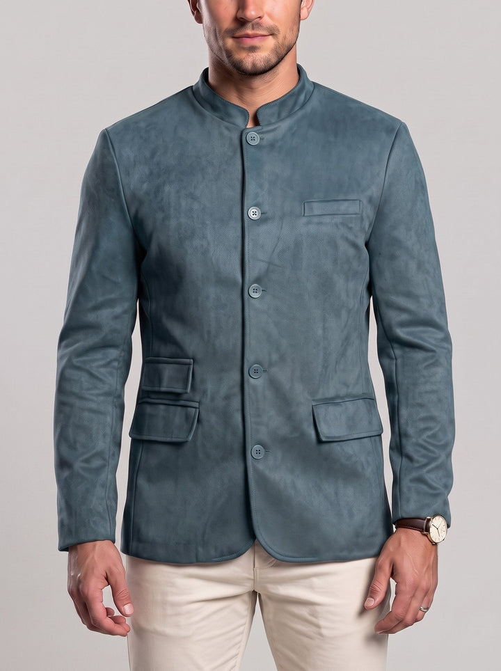 Veste à col montant et poches bleu gris — vue de face