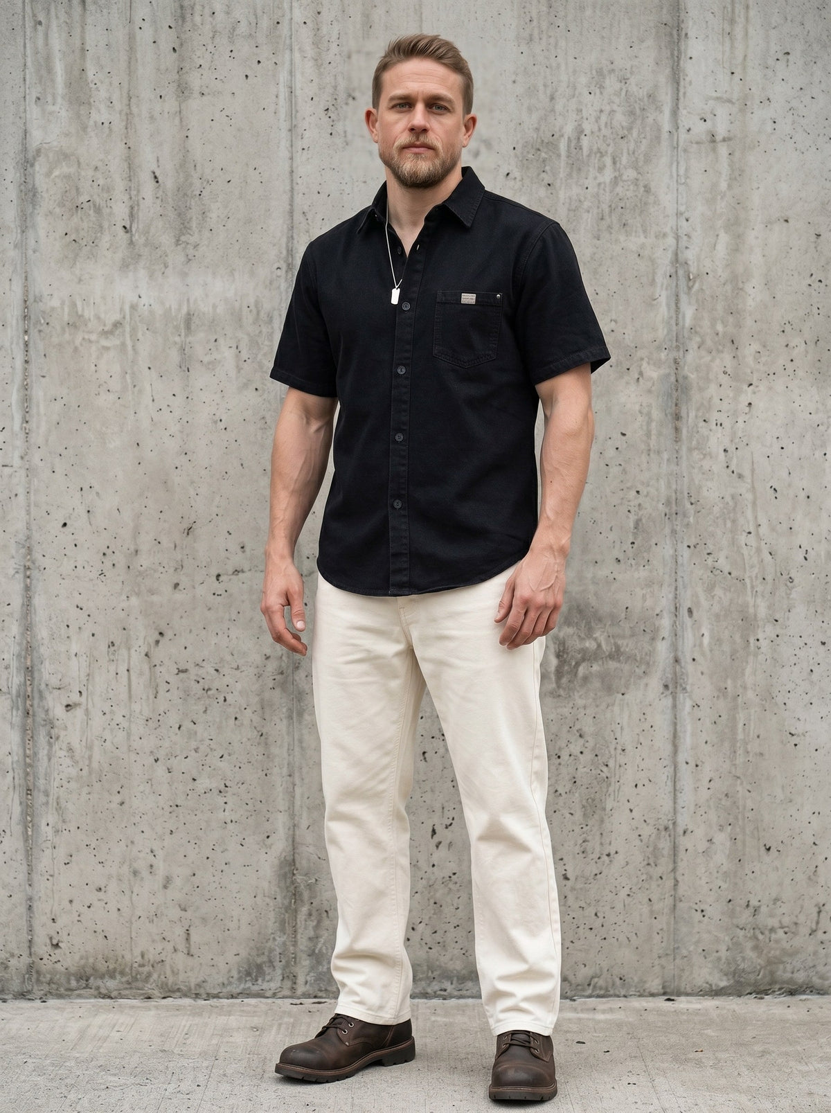 Surchemise en denim d’esprit rétro noir — vue portée en pied, avec pantalon crème
