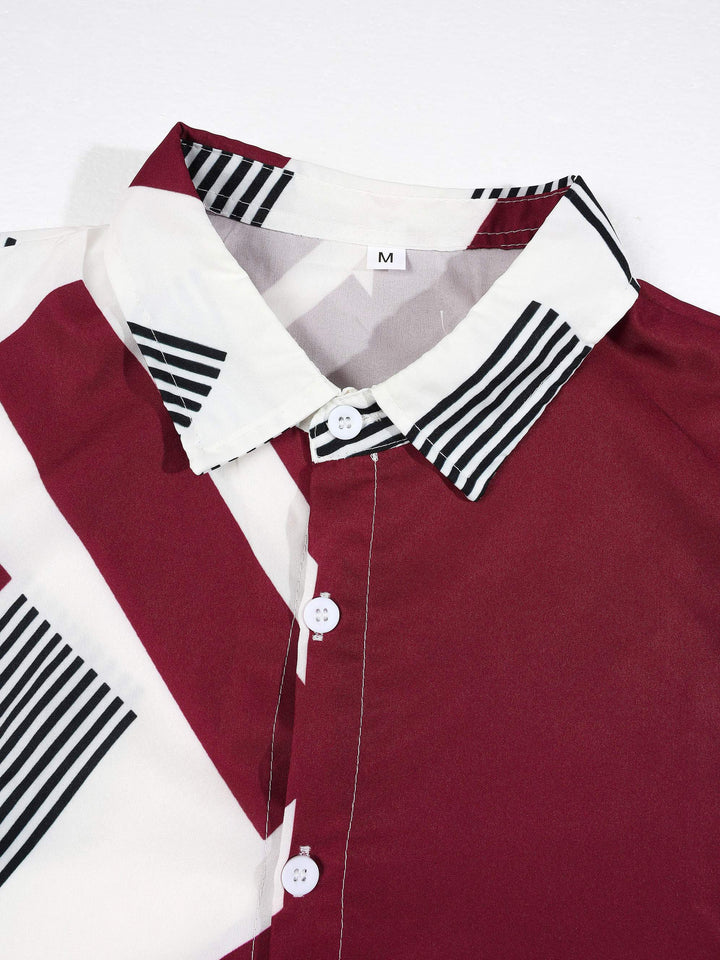 Ensemble à motifs géométriques bordeaux, détail du col