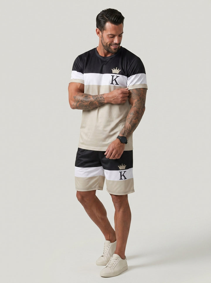 Ensemble t-shirt couronne et short noir, blanc et beige, vue portée de face