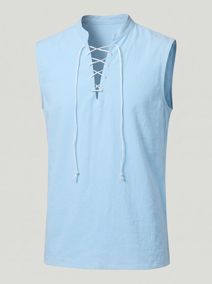 Débardeur col mao à lacets bleu clair — vue à plat