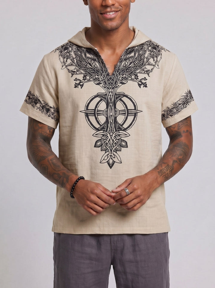 T-shirt à capuche et col V beige — vue de face