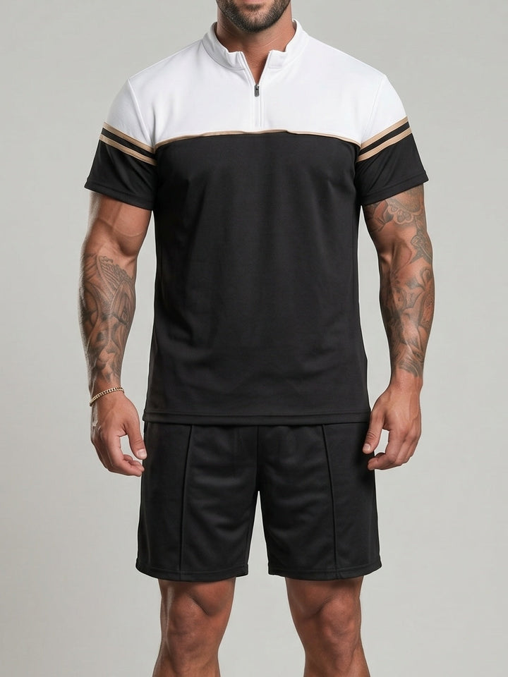 Ensemble t-shirt demi-zip et short noir, vue portée de face