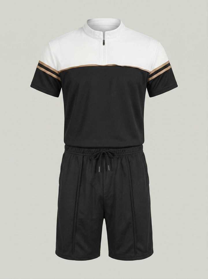 Ensemble t-shirt demi-zip et short noir, vue à plat